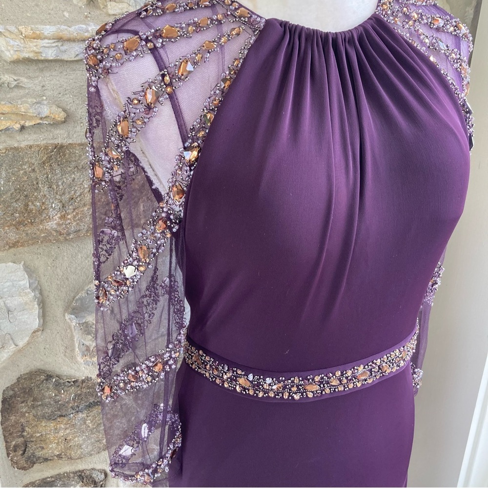 TERANI EVENING M1447 Embellished Beaded Jersey Sheer Sleeve Gown Womens 8 - Picture 5 of 16